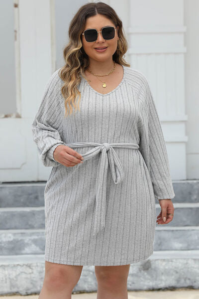 Gray Plus Size Ribbed Tie Front Long Sleeve Sweater Dress Plus Size Clothing