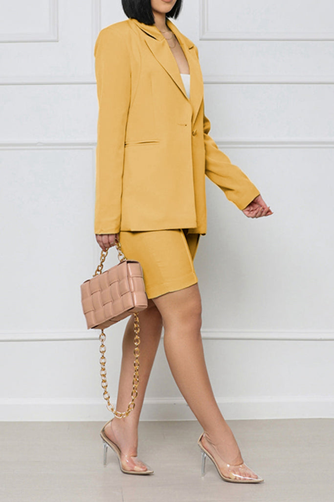 Light Gray Long Sleeve Blazer and Shorts Set Outfit Sets