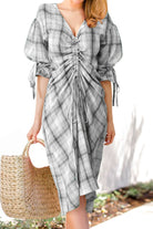 Gray Plus Size Plaid Drawstring Detail Flounce Sleeve Dress Clothing