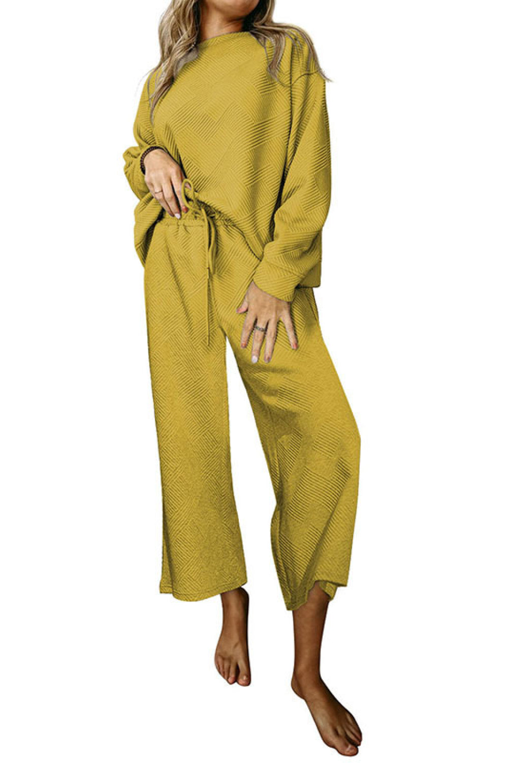 Dark Goldenrod Dropped Shoulder Top and Pants Set