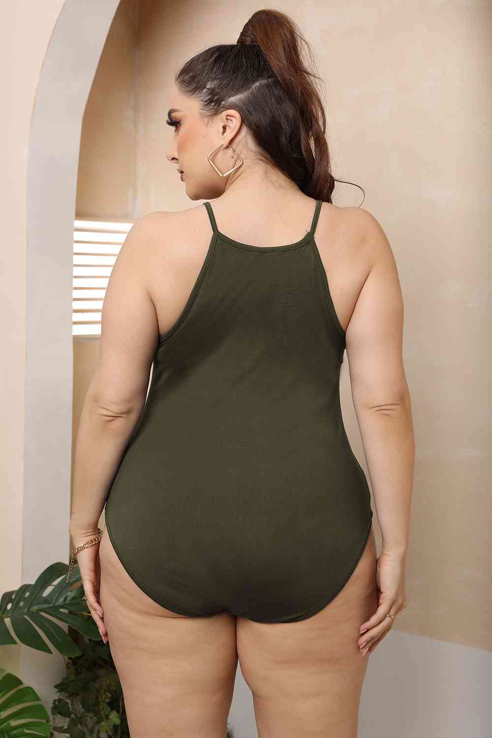 Tan Plus Size Halter Neck Spaghetti Strap Bodysuit Plus Size Clothes