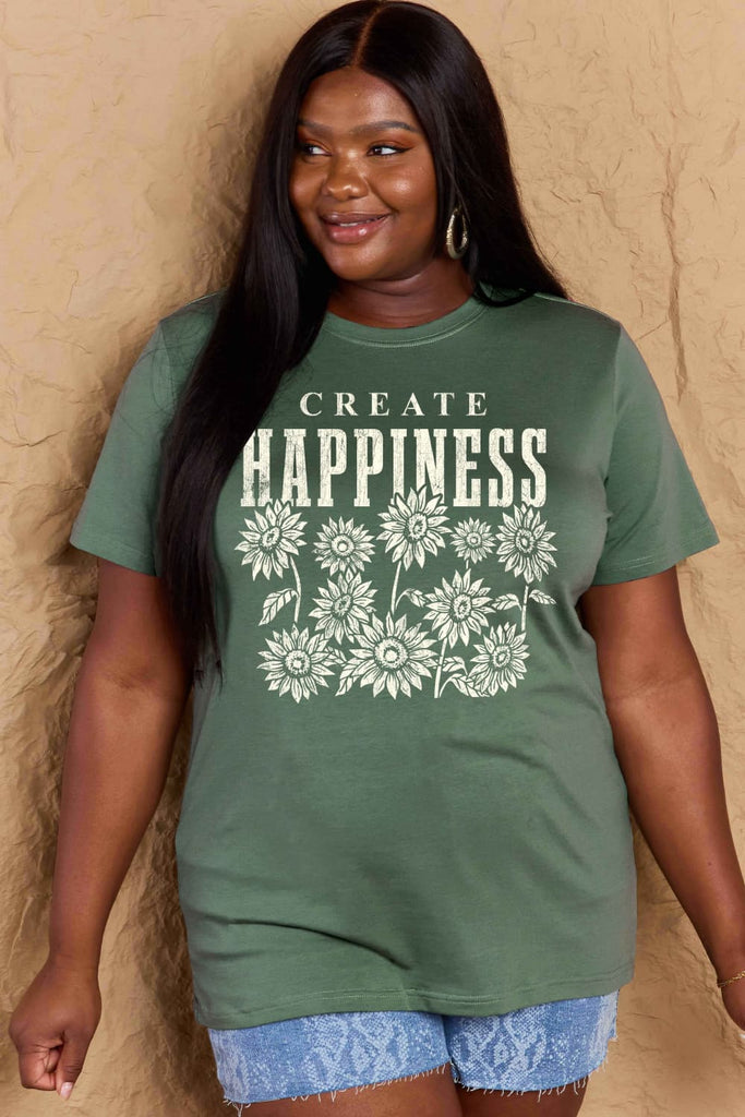 Dark Olive Green Simply Love Full Size CREATE HAPPINESS Graphic Cotton T-Shirt Graphic Tees