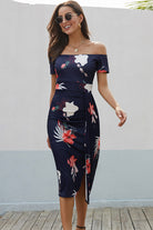 Gray Surrounded By Happiness Printed Off-Shoulder Slit Midi Dress Midi Dresses