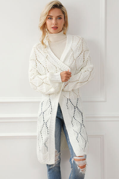 Light Gray Openwork Open Front Dropped Shoulder Cardigan