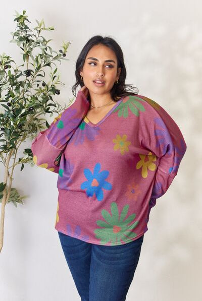 Light Gray Hopely Full Size Floral V-Neck Long Sleeve Top Plus Size Clothing