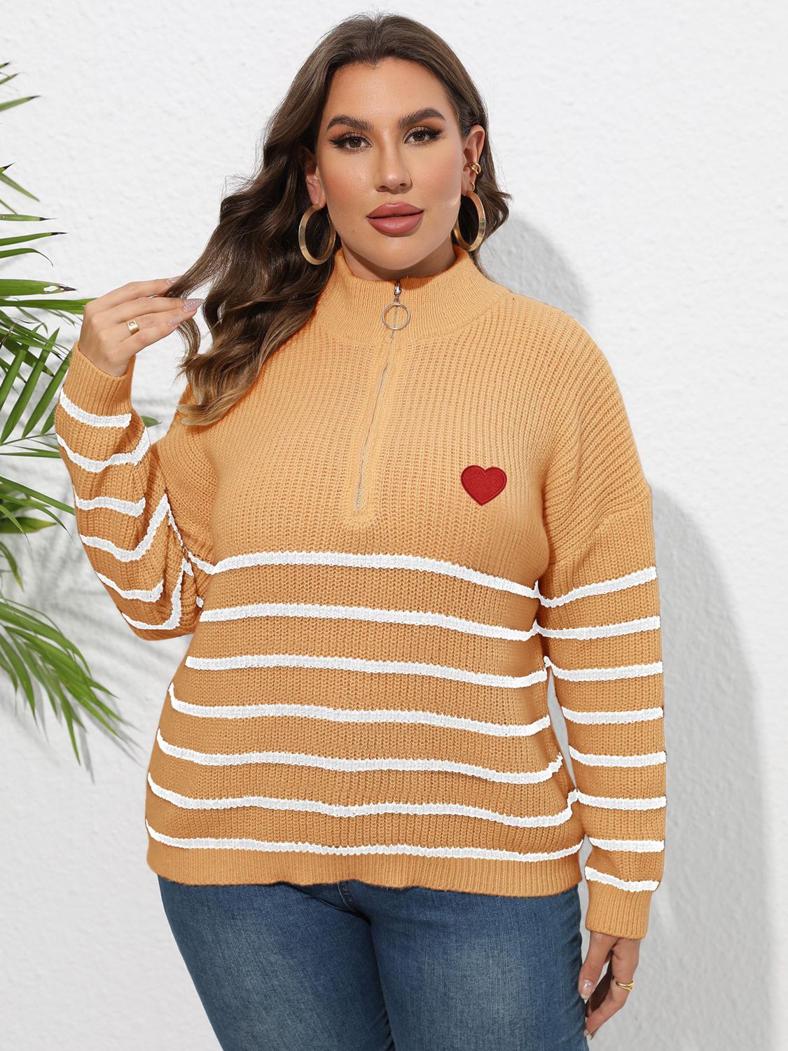 Light Gray Plus Size Zip-Up Striped Sweater Clothing