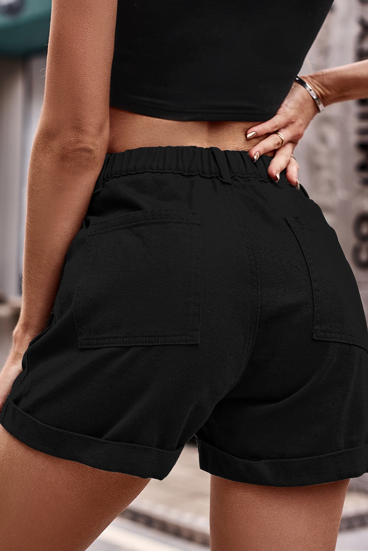 Black Cuffed Denim Shorts with Pockets Denim
