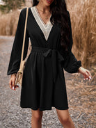 Black Long Sleeve Tie Waist V-Neck Mini Dress Clothing