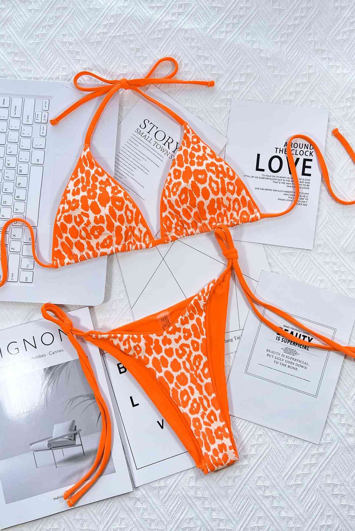 Light Gray Leopard Print Halter Neck Tie Side Bikini Set Trends