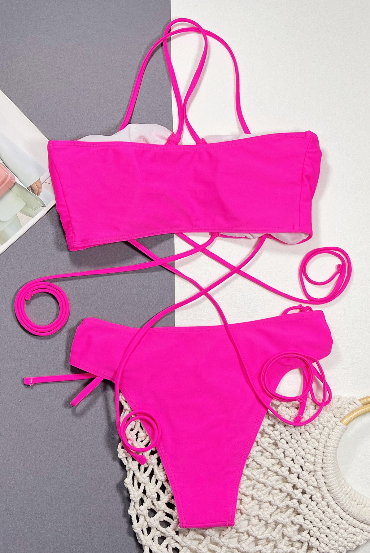 Gray Attention Paid Me Hot Pink Halter Neck Drawstring Detail Bikini Set Swimwear