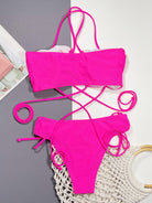 Gray Attention Paid Me Hot Pink Halter Neck Drawstring Detail Bikini Set Swimwear