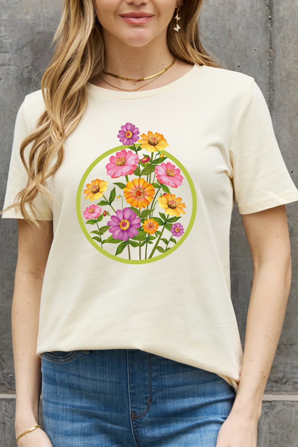 Light Gray Simply Love Full Size Flower Graphic Cotton Tee Tops