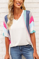 Antique White Looking At You Rainbow Stripe Slit V-Neck Tee Tops