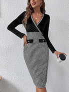 Gray Surplice Neck Houndstooth Dress Clothing