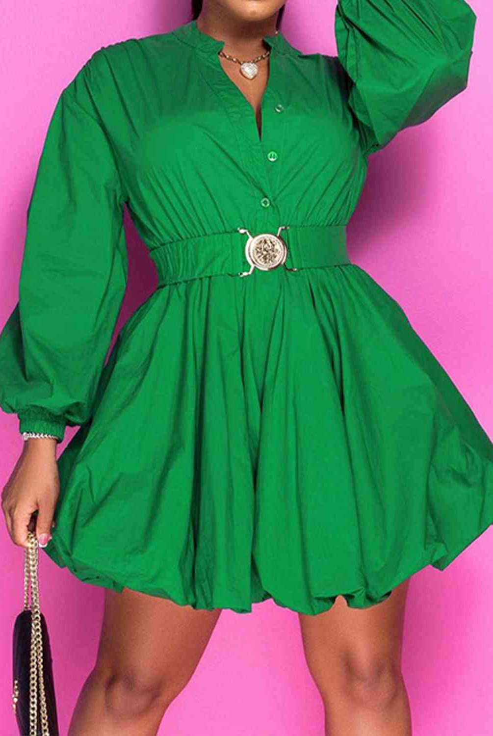 Sea Green Notched Button Up Balloon Sleeves Dress Plus Size Clothes