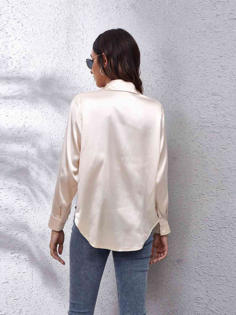 Gray Collared Neck Buttoned Long Sleeve Shirt Plus Size Clothes