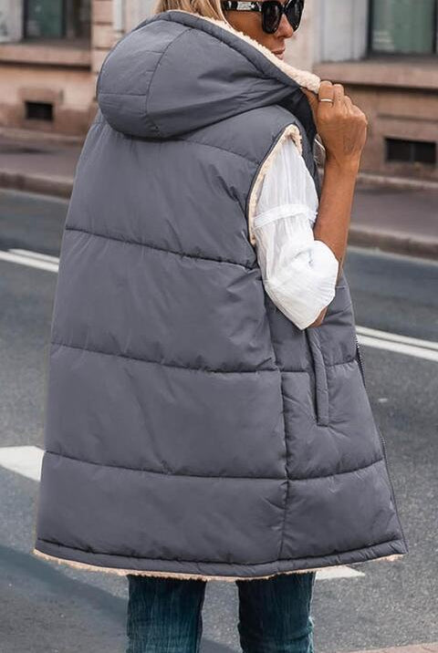 Dim Gray Zip-Up Longline Hooded Vest Winter Accessories