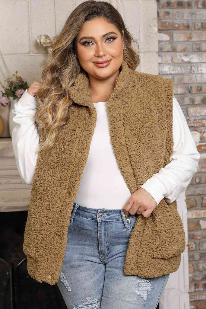 Rosy Brown Plus Size Collared Neck Open Front Sweater Vest Holiday