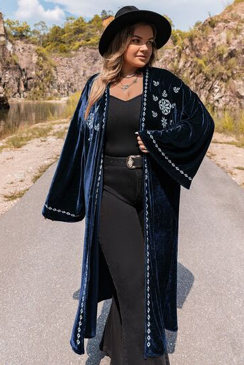 Gray Plus Size Embroidery Open Front Long Sleeve Cardigan Plus Size Clothing