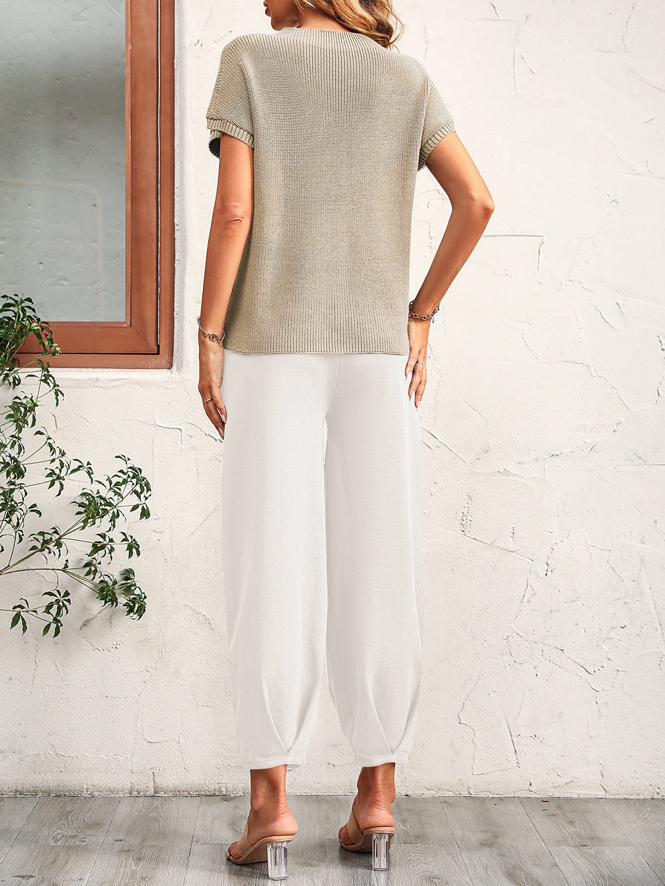 Light Gray Round Neck Raglan Sleeve Tee and Long Pants Set Clothing