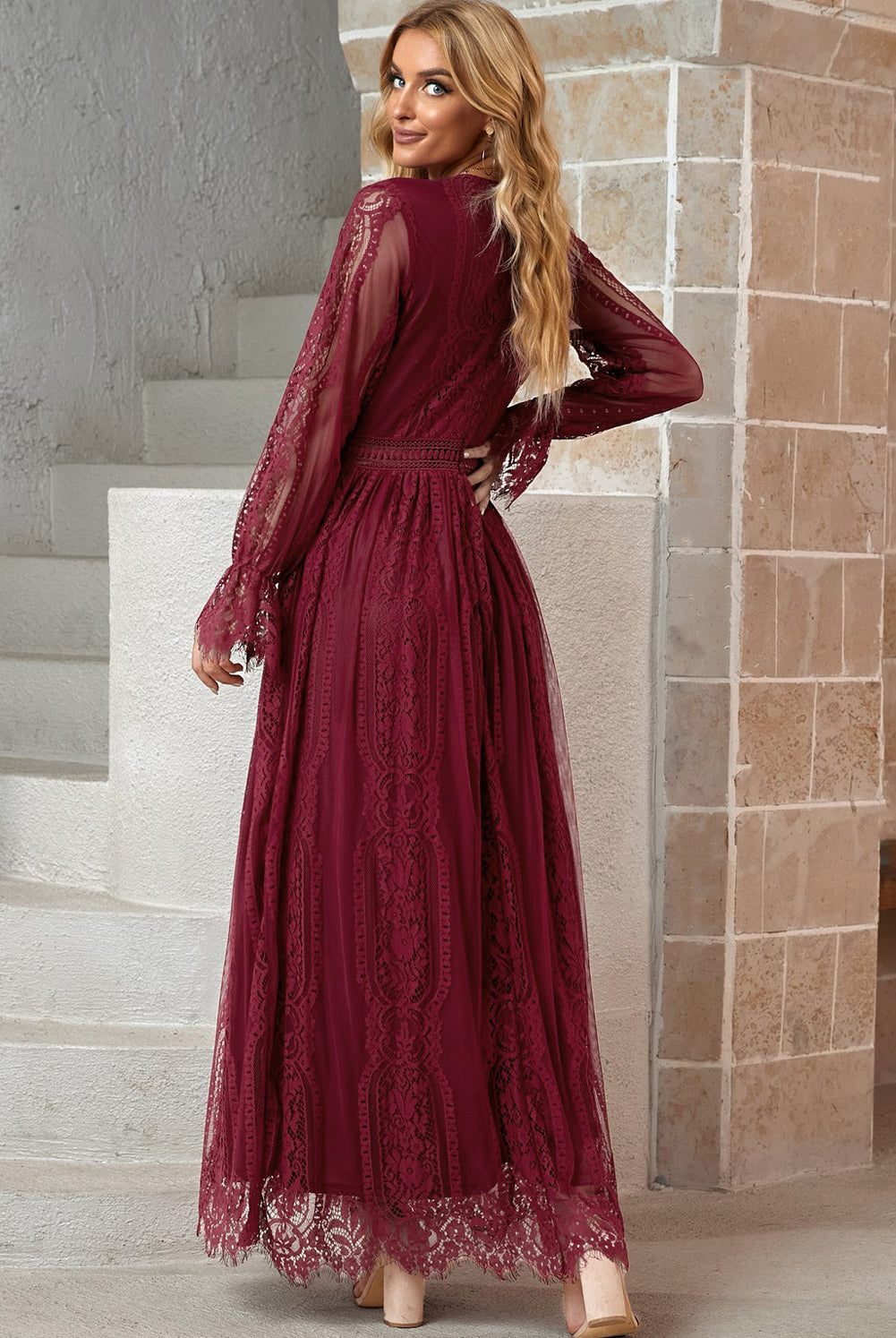 Rosy Brown Mrs. Clause Scalloped Hem Flounce Sleeve Lace V-Neck Maxi Dress Maxi Dresses