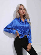 Midnight Blue Collared Neck Buttoned Long Sleeve Shirt Plus Size Clothes