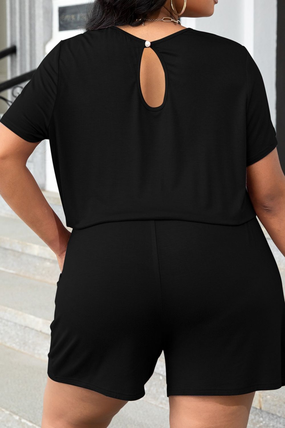 Black Plus Size Drawstring Waist Romper with Pockets Plus Size Clothes