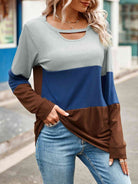 Gray Color Block Cutout Round Neck Long Sleeve T-Shirt Holiday