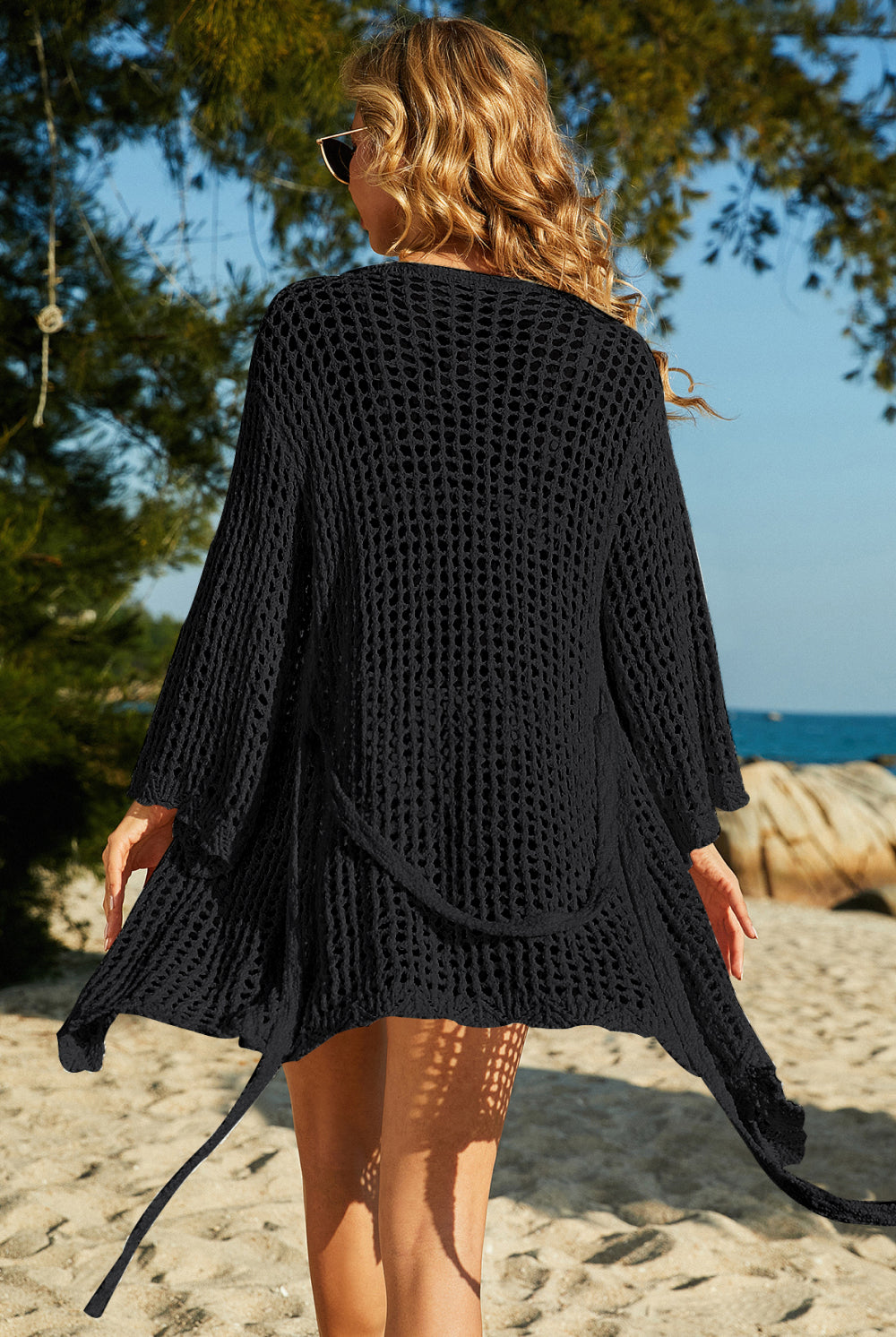 Dark Slate Gray Relax and Unwind Tie-Waist Openwork Crochet Cover Up Swimwear