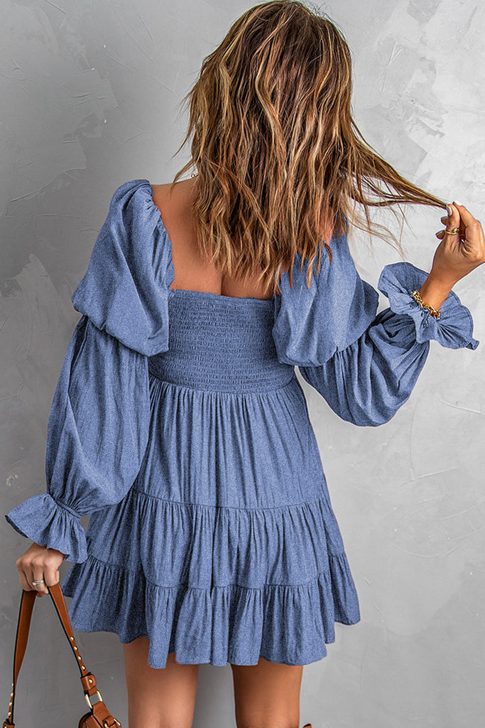 Slate Gray Even Up The Score Smocked Off-Shoulder Tiered Mini Dress Dresses