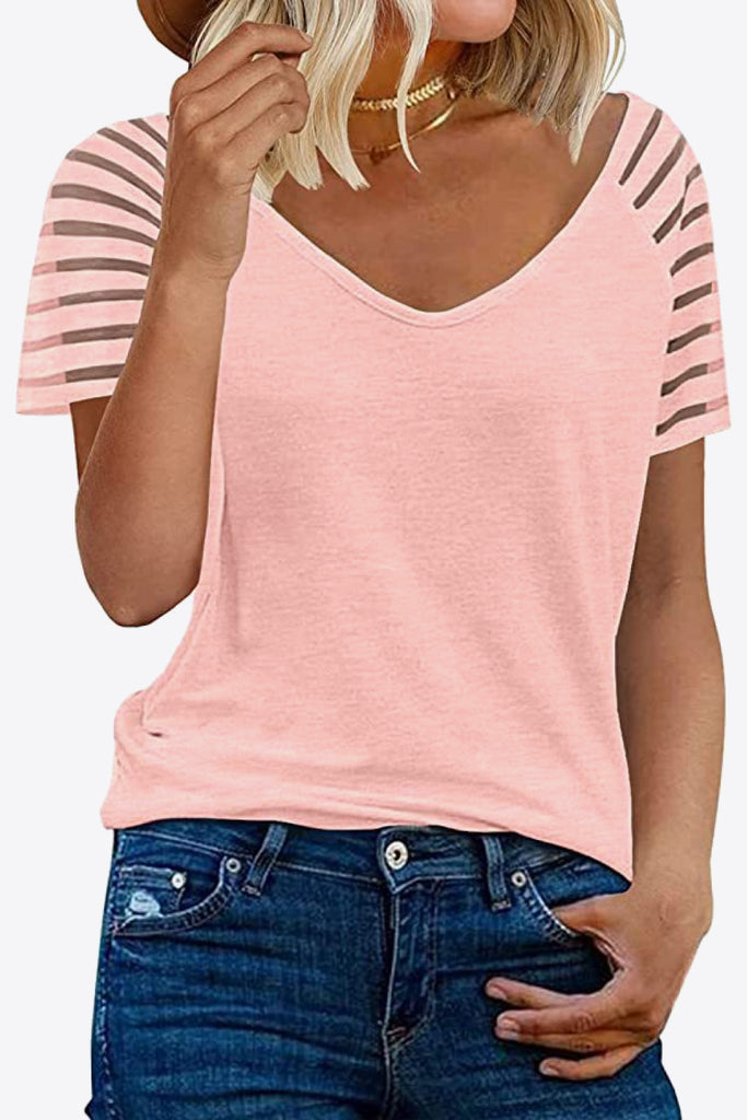 Pink V-Neck Raglan Sleeve Tee Tops