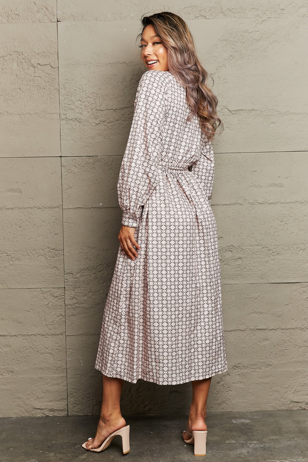 Rosy Brown Printed Tie Waist Long Sleeve Dress Clothing