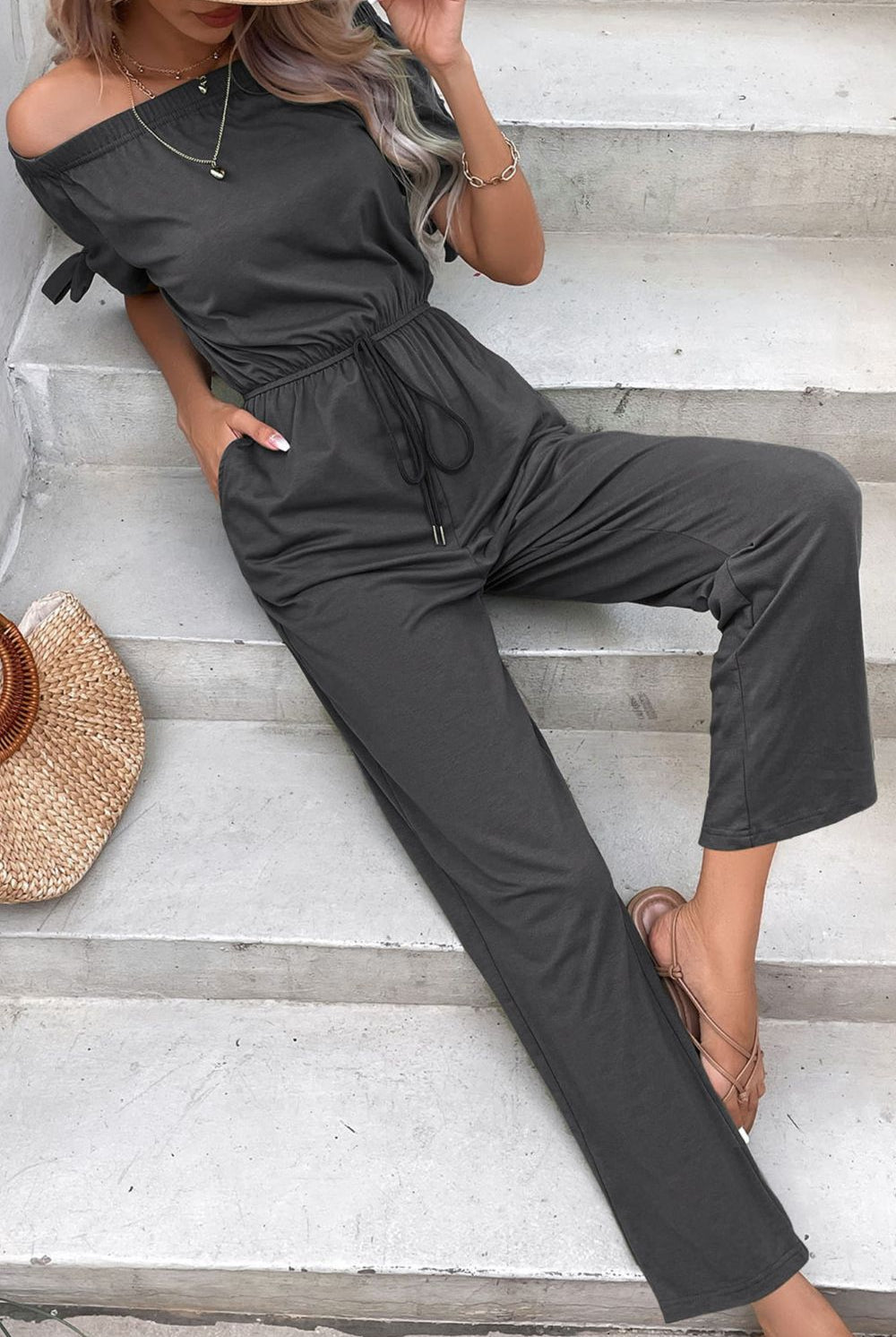 Gray Off-Shoulder Tie Cuff Jumpsuit with Pockets Clothing