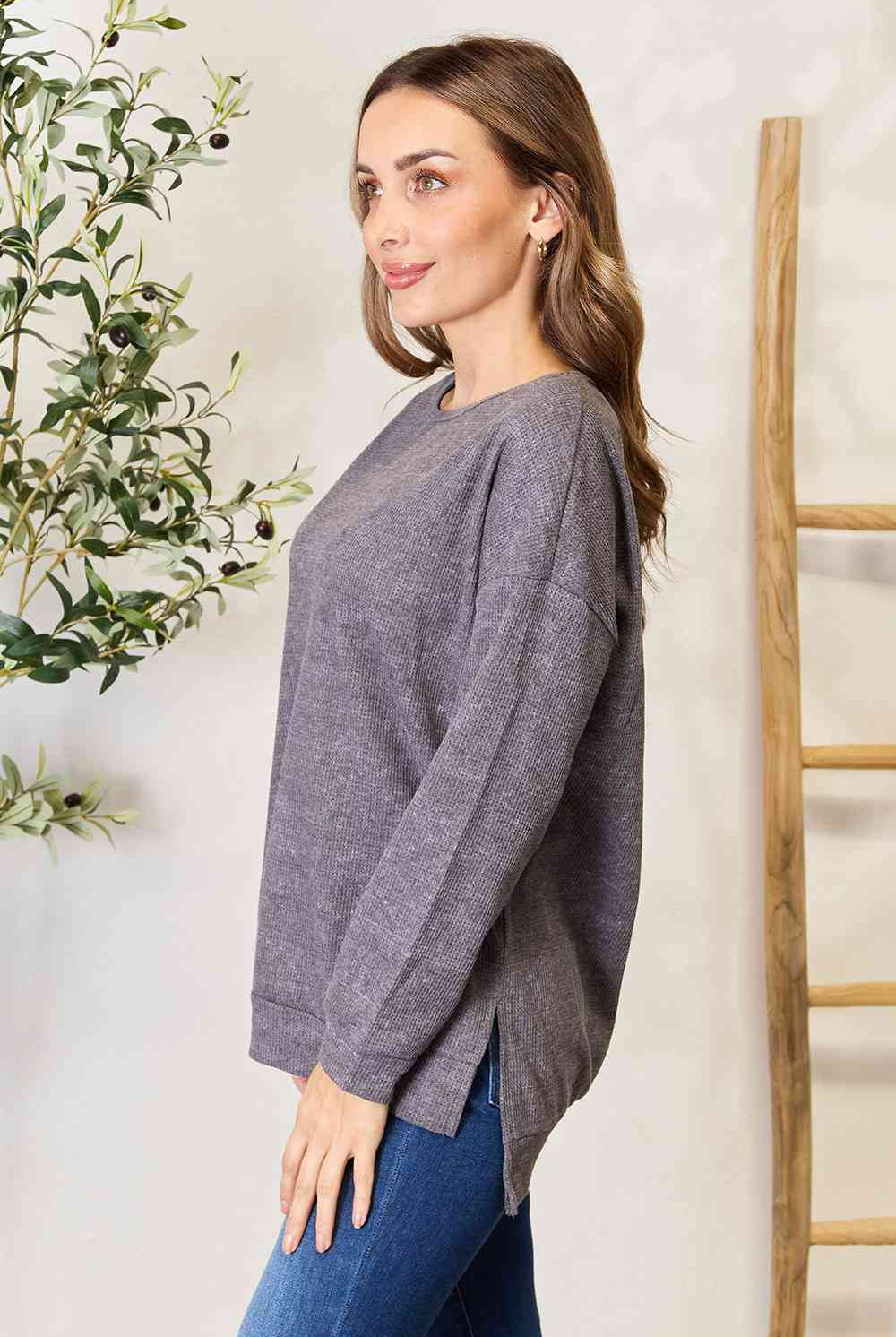 Light Gray Basic Bae Round Neck Drop Shoulder Slit Sweatshirt Clothing