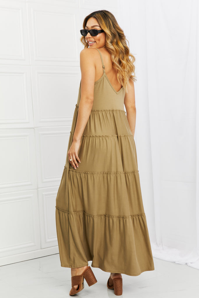 Light Gray Zenana Full Size Spaghetti Strap Tiered Dress with Pockets in Khaki Plus Size Clothes