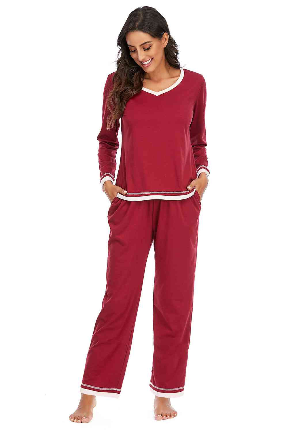 Brown V-Neck Top and Pants Lounge Set Loungewear