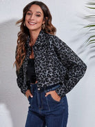 Dark Slate Gray Leopard Button Up Collared Neck Cropped Jacket Trends