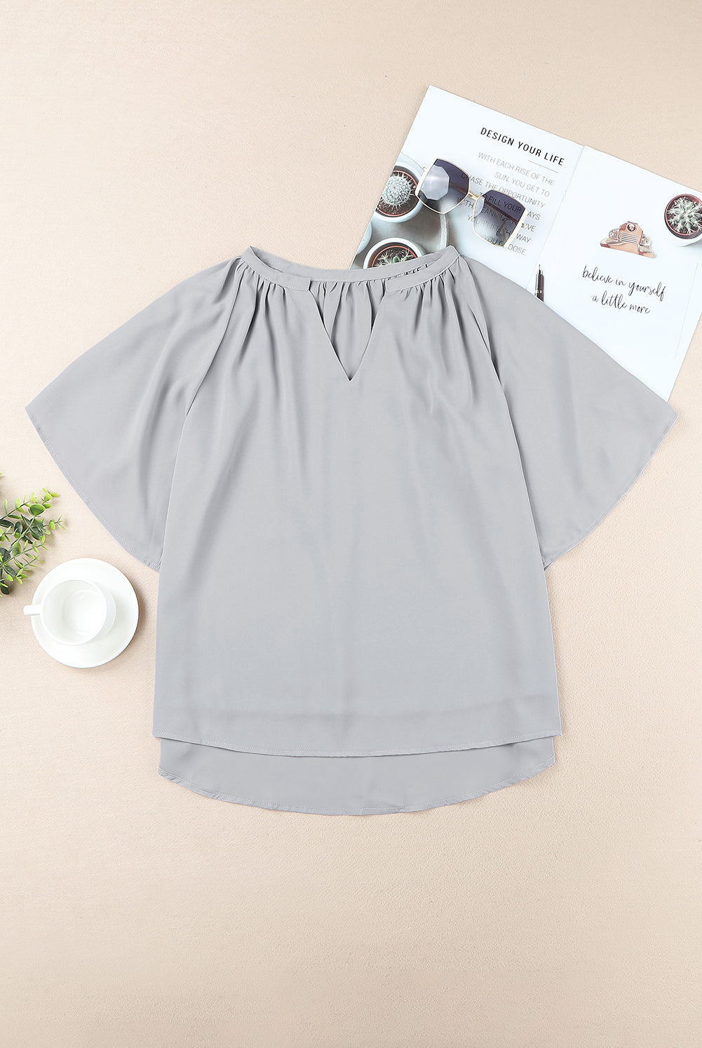 Light Gray Simply Chic Gathered Detail Notched Neck Flutter Sleeve Top Tops