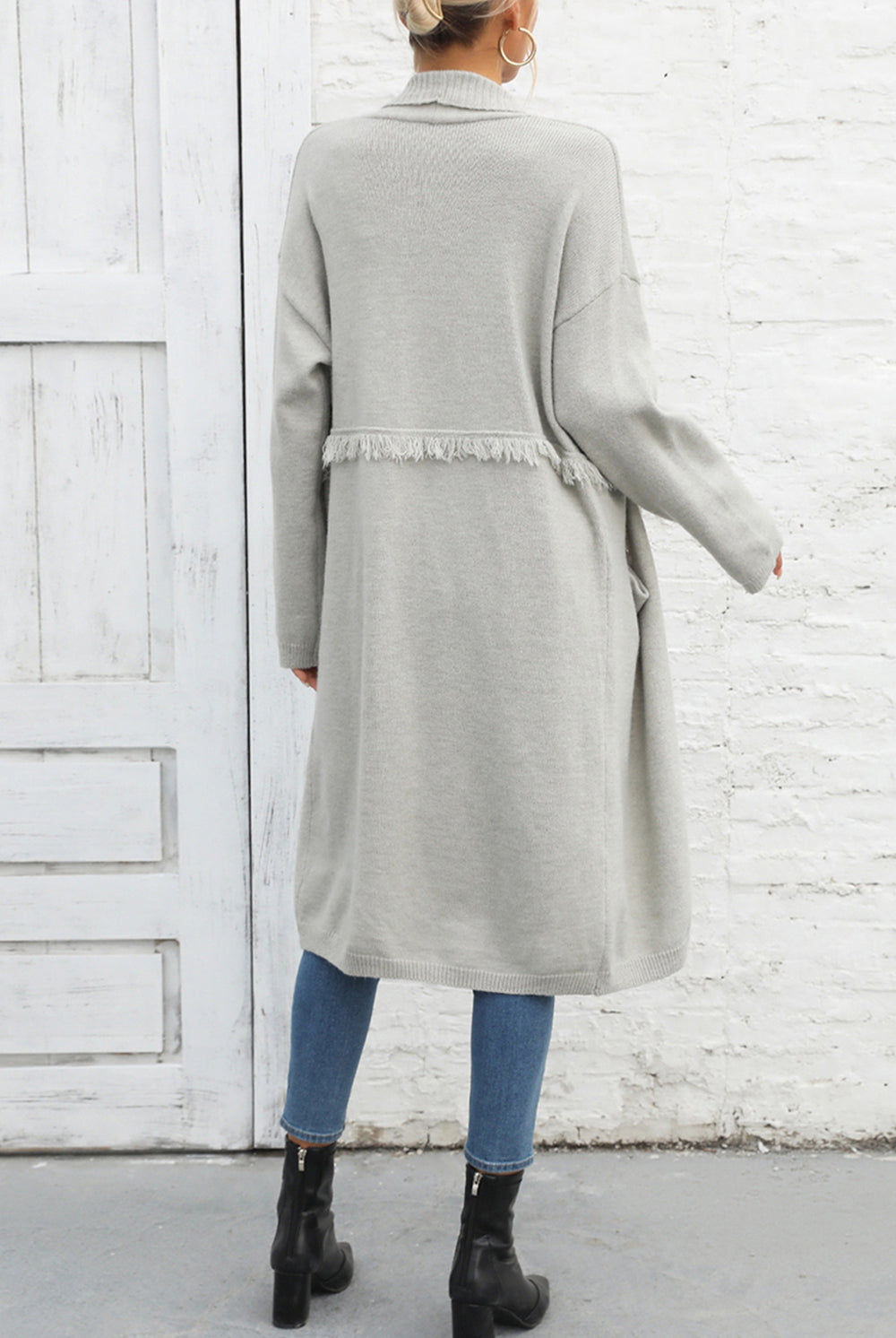 Light Gray Open Front Pocketed Cardigan Clothing