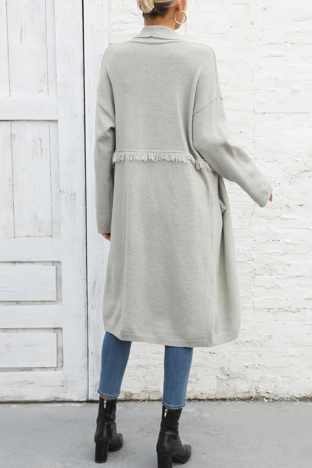 Light Gray Open Front Pocketed Cardigan Clothing