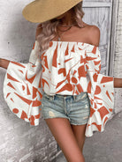Rosy Brown Printed Off-Shoulder Bell Sleeve Blouse Tops