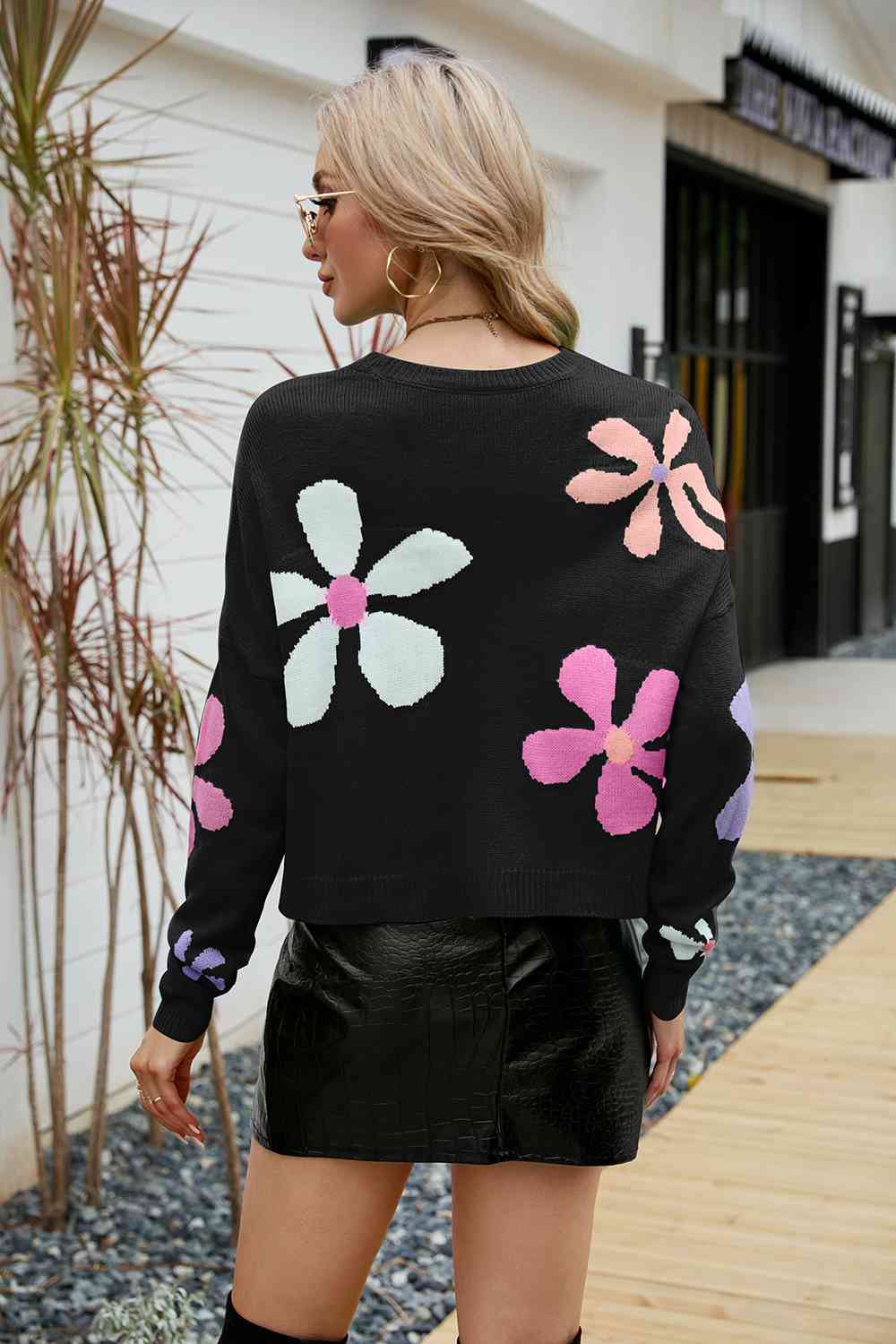 Dark Gray Flower Round Neck Drop Shoulder Sweater Holiday