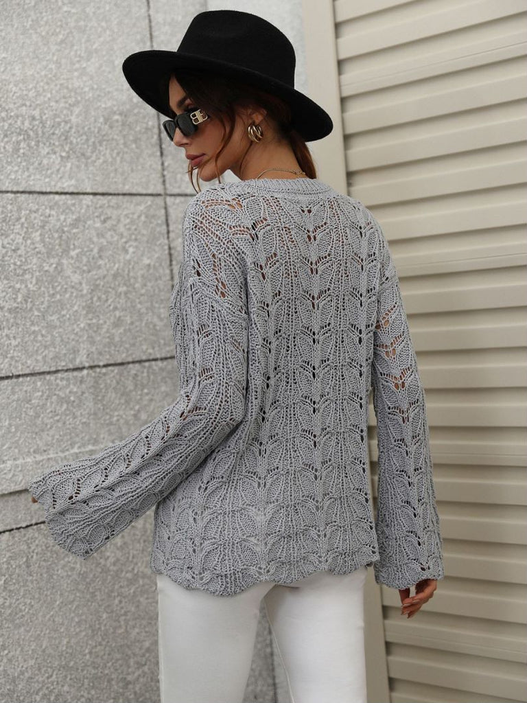 Rosy Brown Don't Wait Up Openwork Dropped Shoulder Knit Top Sweaters