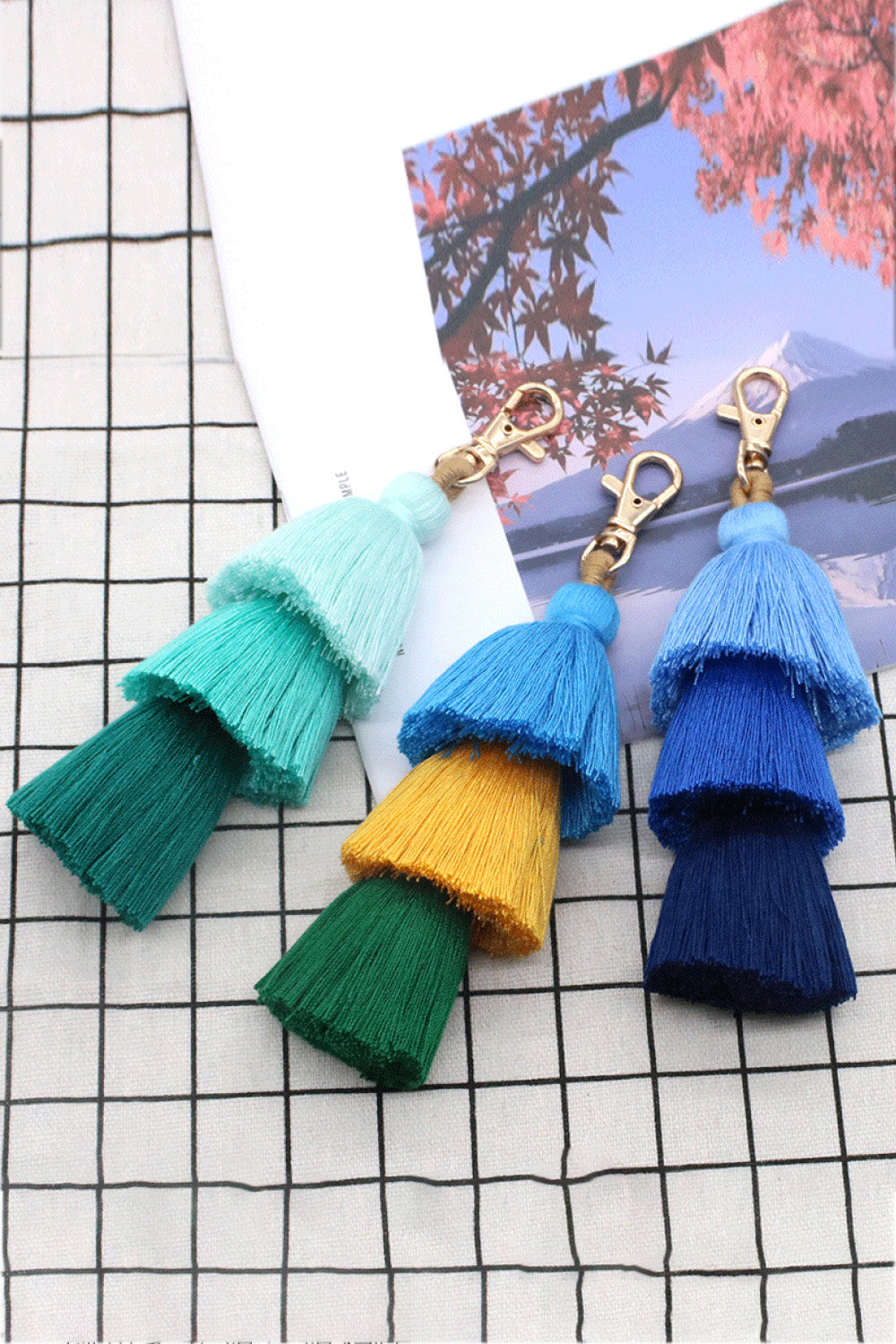 Light Gray Assorted 4-Pack Multicolored Fringe Keychain Key Chains