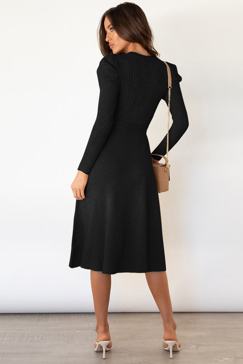 Black Round Neck Long Sleeve Tie Waist Sweater Dress Clothing