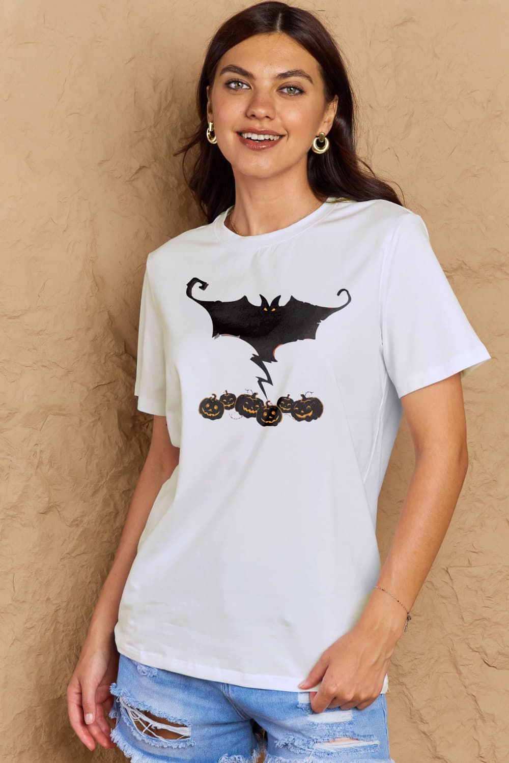 Rosy Brown Simply Love Full Size Bat & Pumpkin Graphic Cotton T-Shirt Clothing