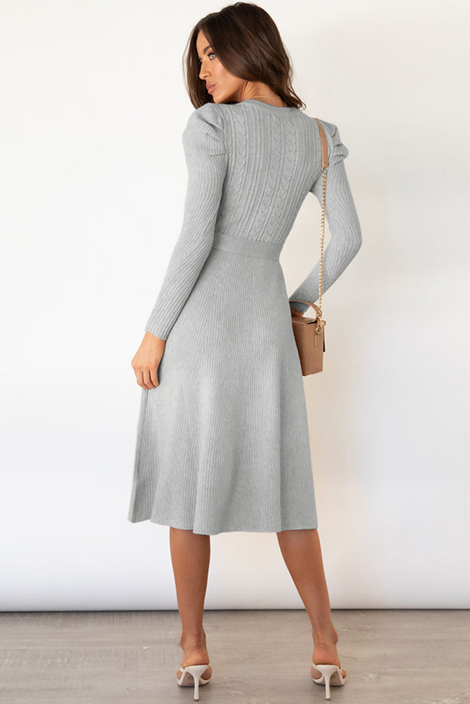 Light Gray Round Neck Long Sleeve Tie Waist Sweater Dress Clothing