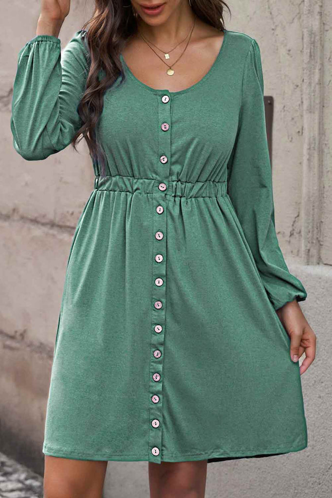Dim Gray The Magic Dress Scoop Neck Empire Waist Long Sleeve Mini Dress Casual Dresses