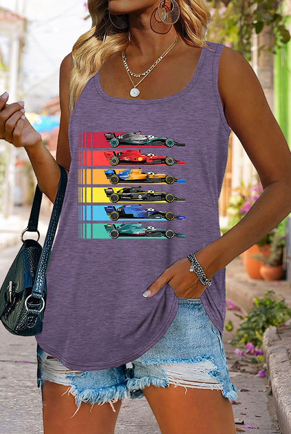 Dim Gray Scoop Neck Race Car Graphic Tank Top Graphic Tees