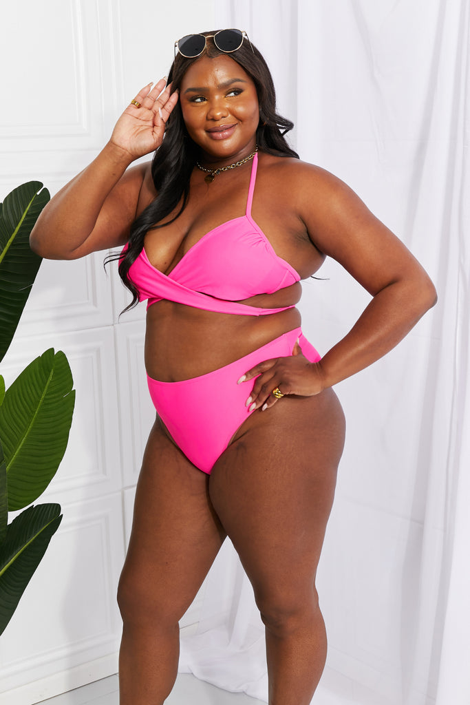 Light Gray Summer Splash Halter Bikini Set in Pink Swimwear